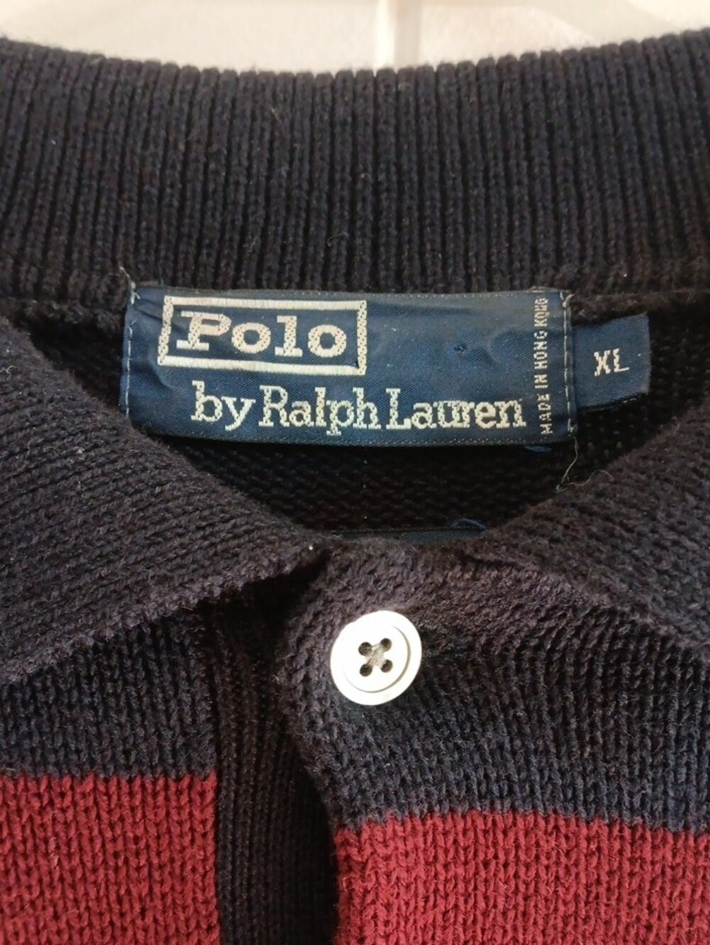 Vintage 90s Polo Ralph Lauren Knit Rugby Sweater XL Navy Burgundy Striped Preppy - Picture 2 of 6